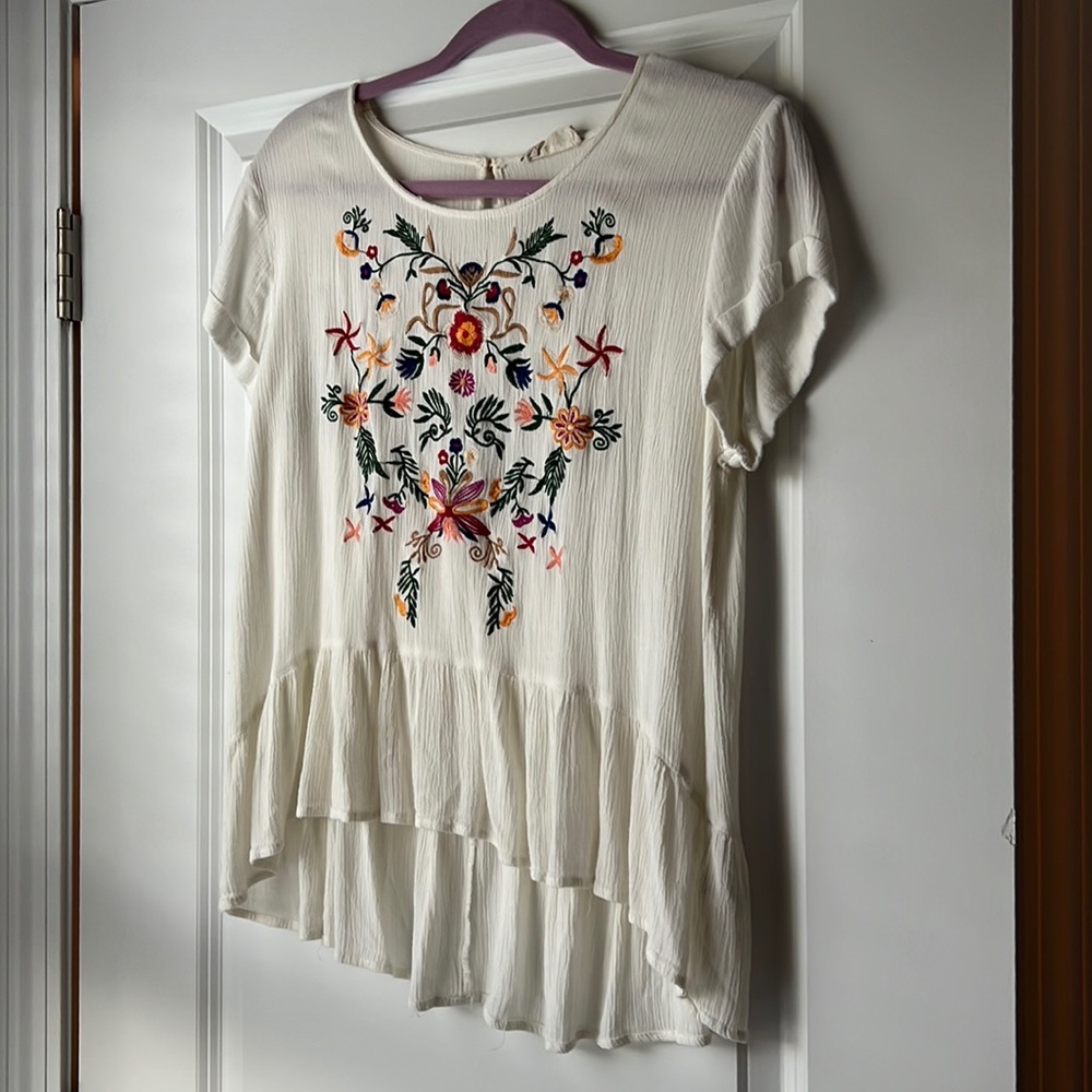 Altar’d State top, sheer, floral, short sleeved, longer in the back
